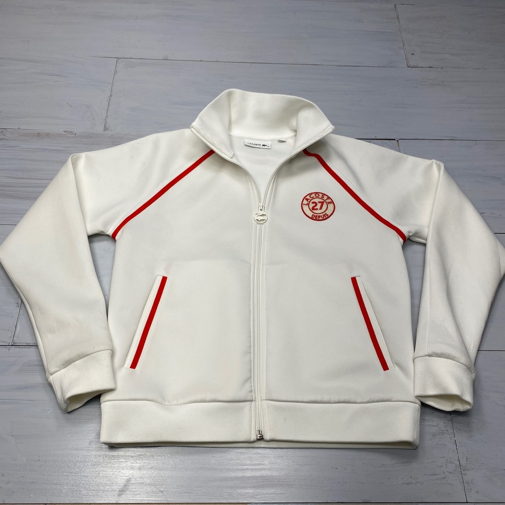 Lacoste Track Jacket Womens 36 White Red Raglan Zip Up Sporty Athletic Coat